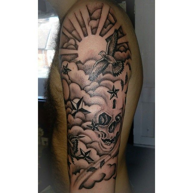 Black Grey Shaded Half Sleeve Done Today Doves Clouds Stars And A Black Grey Shaded Half Sleeve Done Today Doves Clouds Stars And A