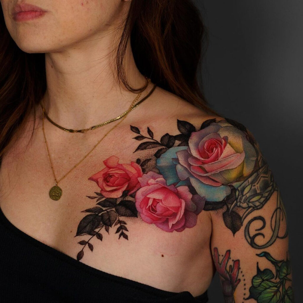 Elegant Female Rose Shoulder Tattoo Ideas & Inspiration