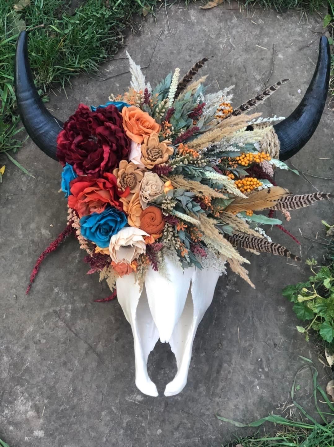 Real Steer Skull With Wood Flowers Real Longhorn Cow Head Skull Real Steer Skull With Wood Flowers Real Longhorn Cow Head Skull